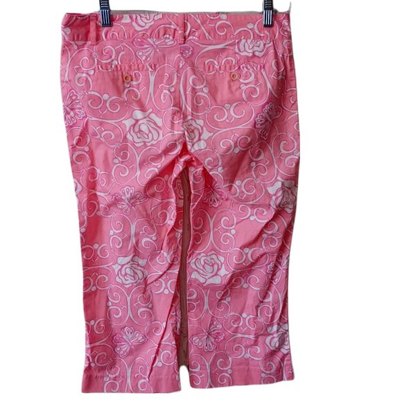 Lilly Pulitzer Vintage White Tag Pink & White Rose & Butterfly Crop Pants - Picture 3 of 4